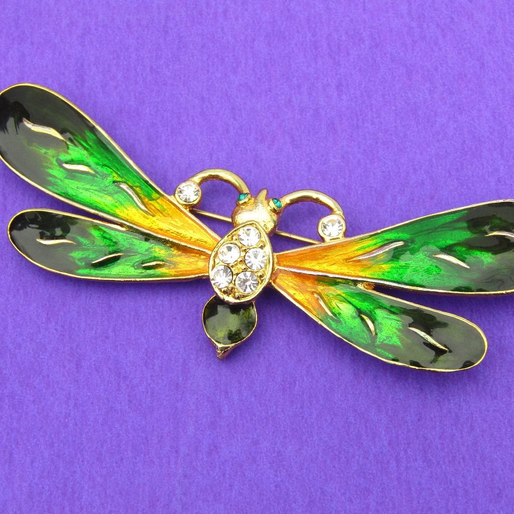 Vintage Dragonfly Brooch Enamel Rhinestone Colorful